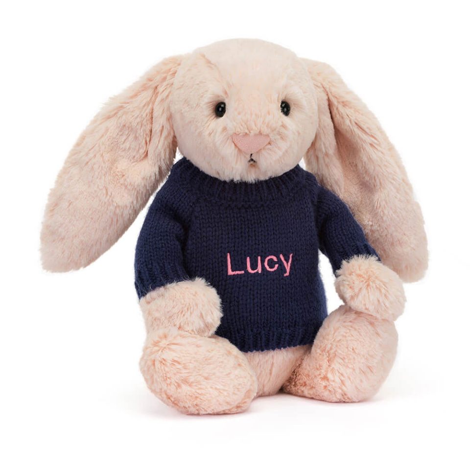 Bashful Blush Bunny with Personalised Navy Jumper