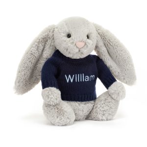 Bashful Silver Bunny with Personalised Navy Jumper