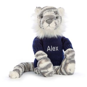 Bashful Snow Tiger with Personalised Navy Jumper